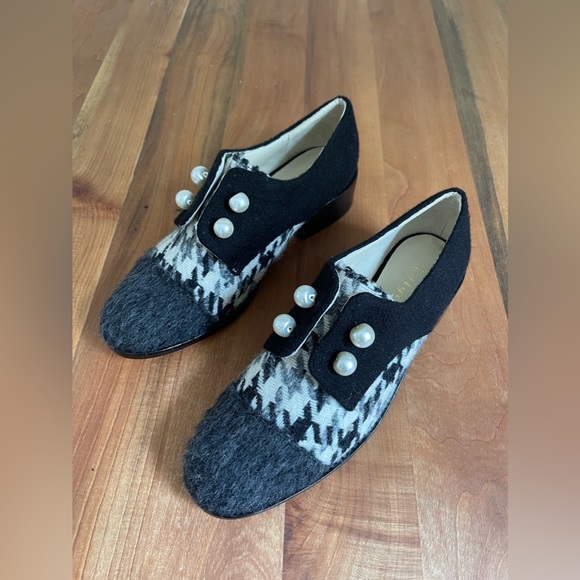 NWOT Bettye Muller Womens 6.5 "Optimist" Mohair Wool Houndstooth Oxford Leather - Picture 3 of 7